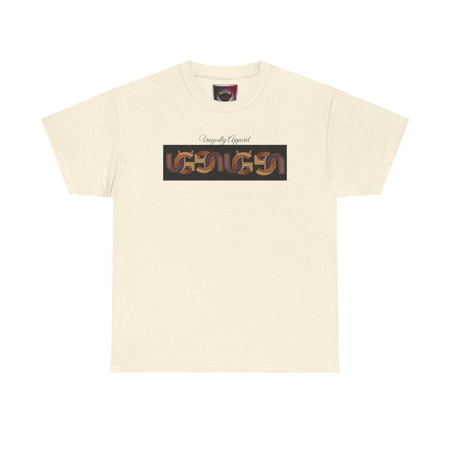 Retro Ungodly Apparel Flame Script Tee — Brown UG Link Pattern Graphic T-Shirt
