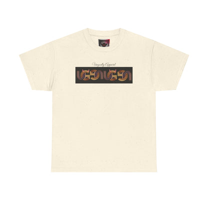 Retro Ungodly Apparel Flame Script Tee — Brown UG Link Pattern Graphic T-Shirt