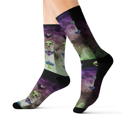 Alien Galaxy Sublimation Socks — Psychedelic UFO & Cannabis Pattern Crew Socks