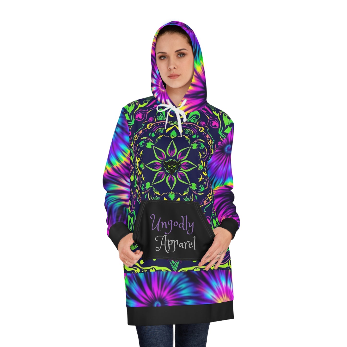 "Ungodly Trippy" Vibrant Women's Hoodie Dress with Colorful Tie-Dye Pattern, Bohemian Style, Cozy Fashion, Gift for Festivals, Casual Wear, Lounge Dress