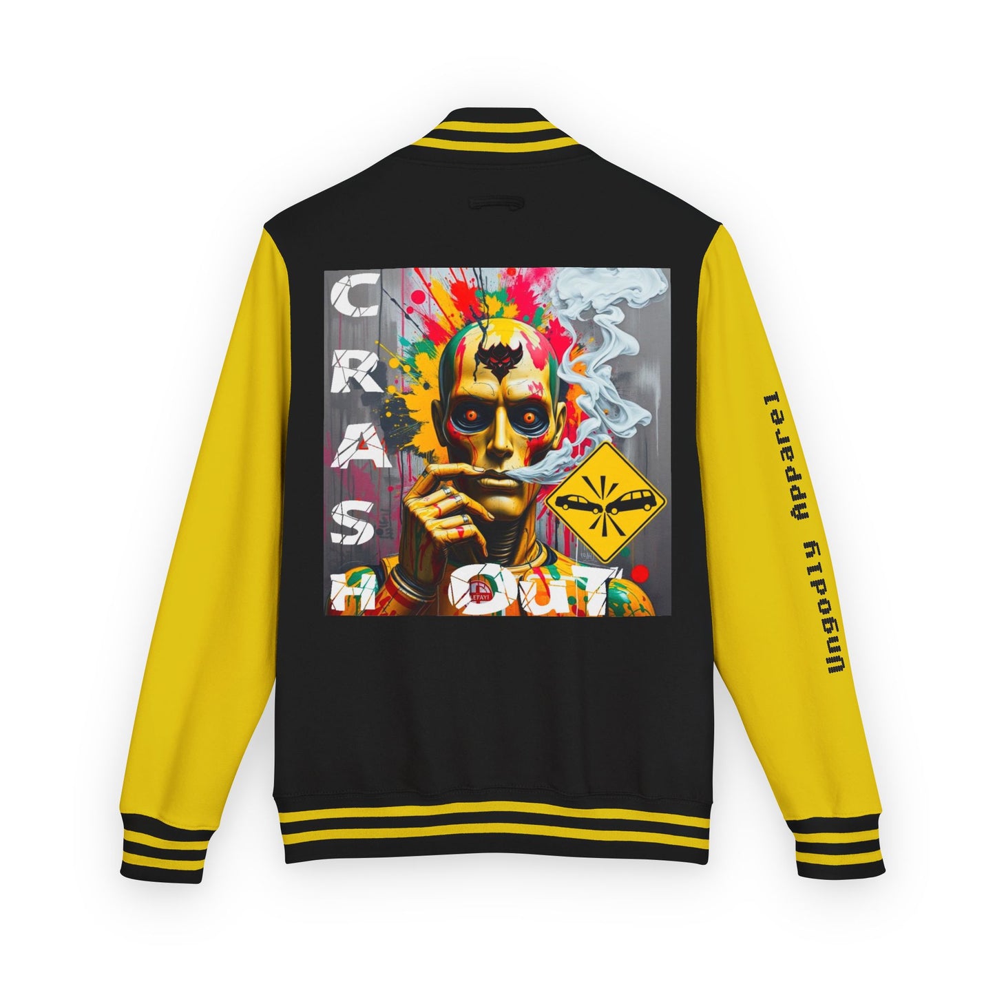 Letterman Jacket — ‘Crash Out’ Graphic Varsity Jacket with Neon Clown Design
