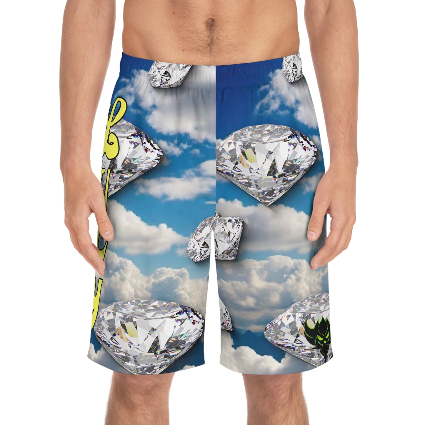 "Lucy in the Sky with Diamonds Board Shorts" Sky Blue Diamond Men's Board Shorts - Personalized Swim Trunks, Beachwear, Custom Summer Shorts, Vacation Essentials, Gift for Him