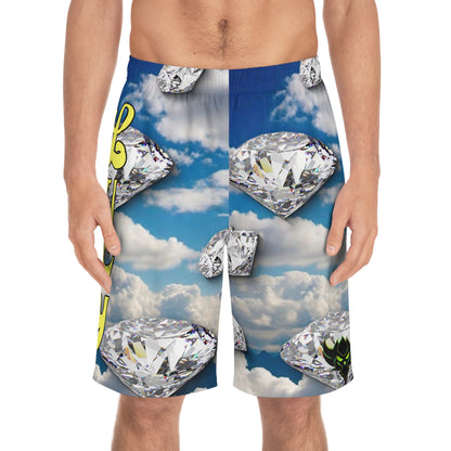 "Lucy in the Sky with Diamonds Board Shorts" Sky Blue Diamond Men's Board Shorts - Personalized Swim Trunks, Beachwear, Custom Summer Shorts, Vacation Essentials, Gift for Him