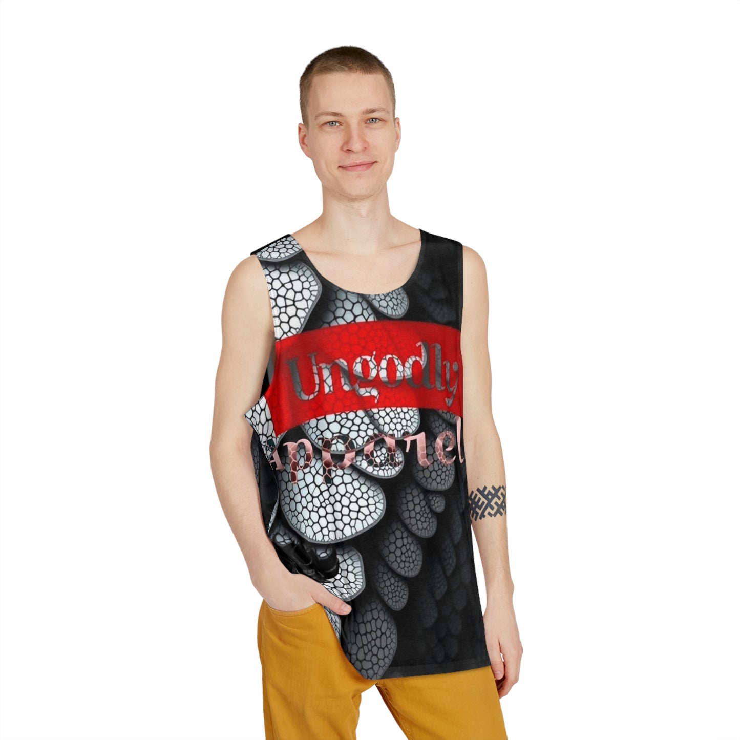 Men's Tank Top — Black Scaled Dragon Skin All-Over Print with Red Script