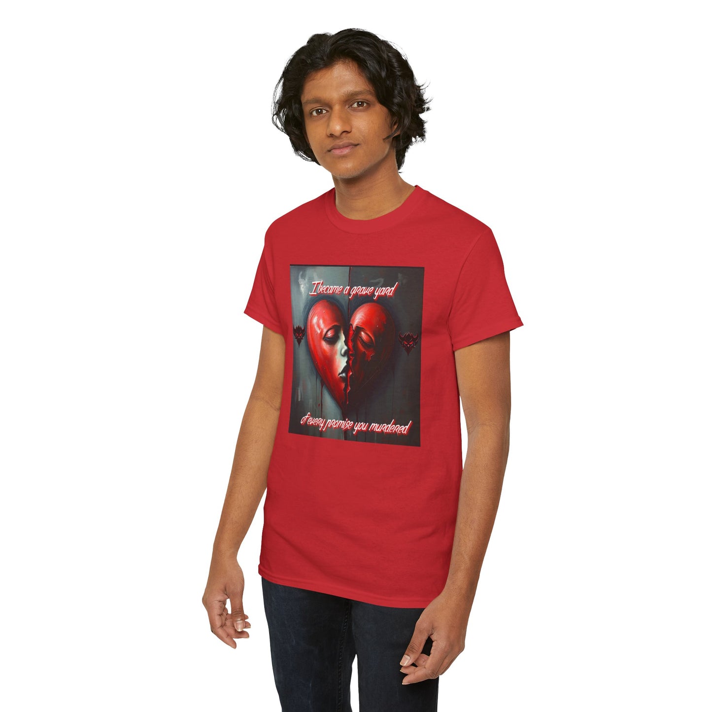 Heartbreak Unisex Heavy Cotton Tee - "I Became a Graveyard to Every Promise You Murdered" Graphic T-Shirt