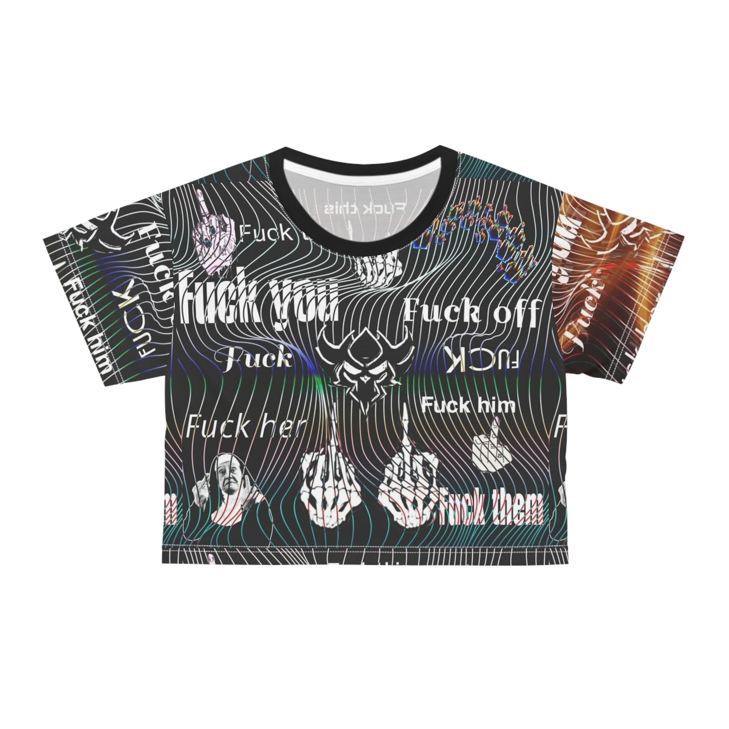 Edgy Graphic Crop Tee — All-Over Print "Fuck You / Fuck Off" Design