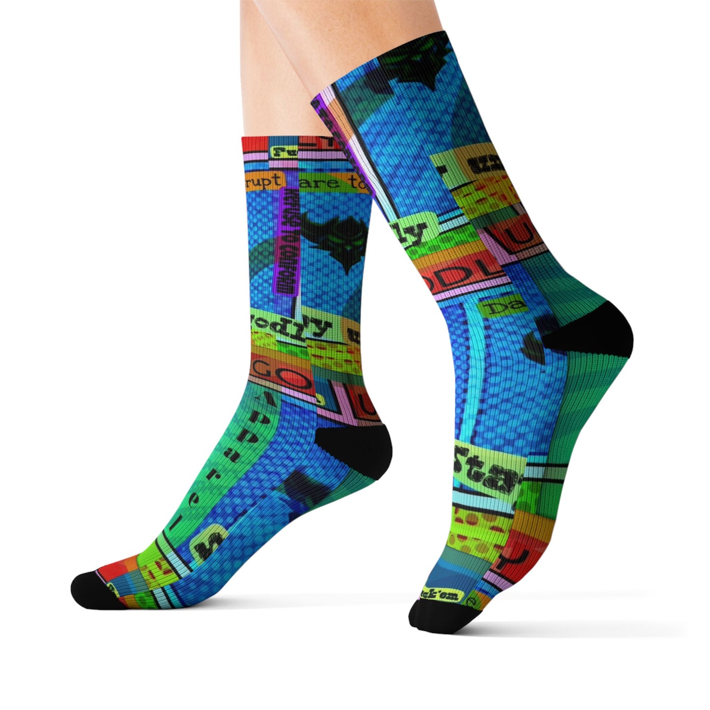 Ungodly Apparel Retro Vaporwave Sublimation Socks — Colorful 90s Cassette & Pixel Art Crew Socks