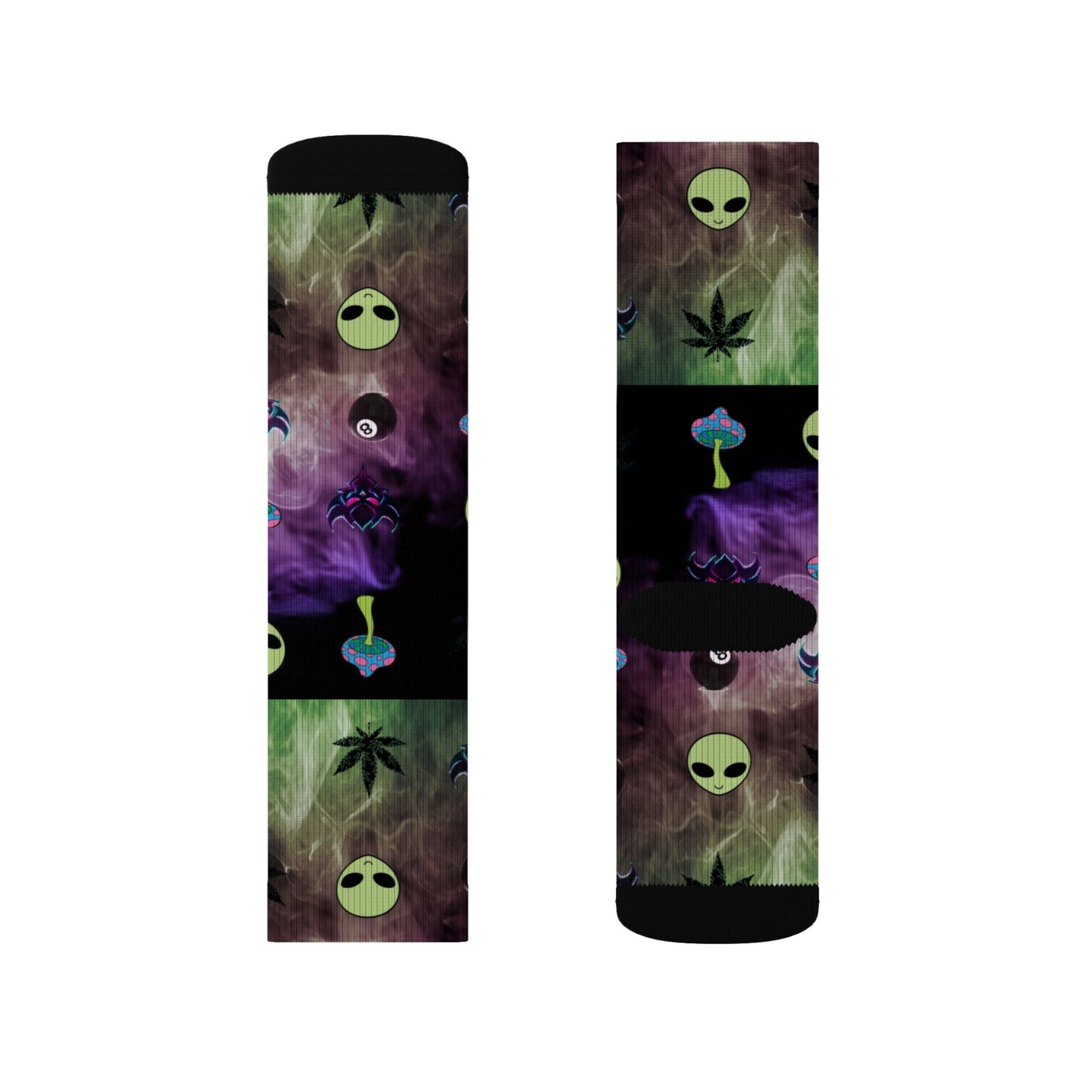 Alien Galaxy Sublimation Socks — Psychedelic UFO & Cannabis Pattern Crew Socks