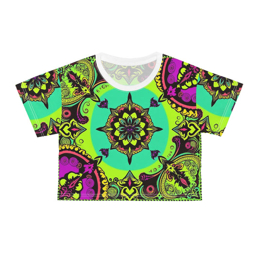 "Ungodly Purple and Green Paisley" Vibrant Mandala Crop Tee, Colorful AOP T-Shirt, Boho Summer Top, Festival Wear, Trendy Statement Piece