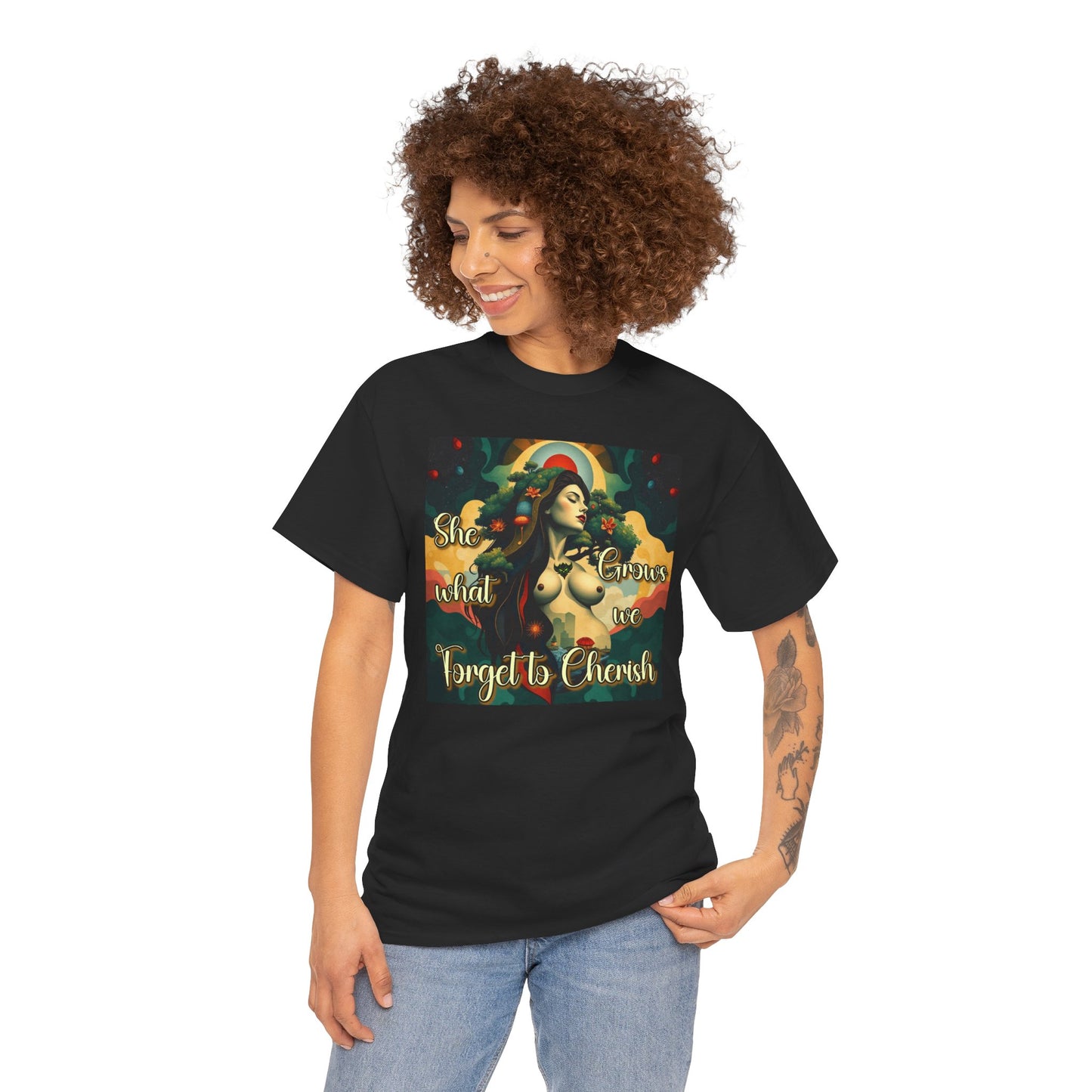Inspirational Unisex Heavy Cotton Tee - "She Grows What We Forget to Cherish"