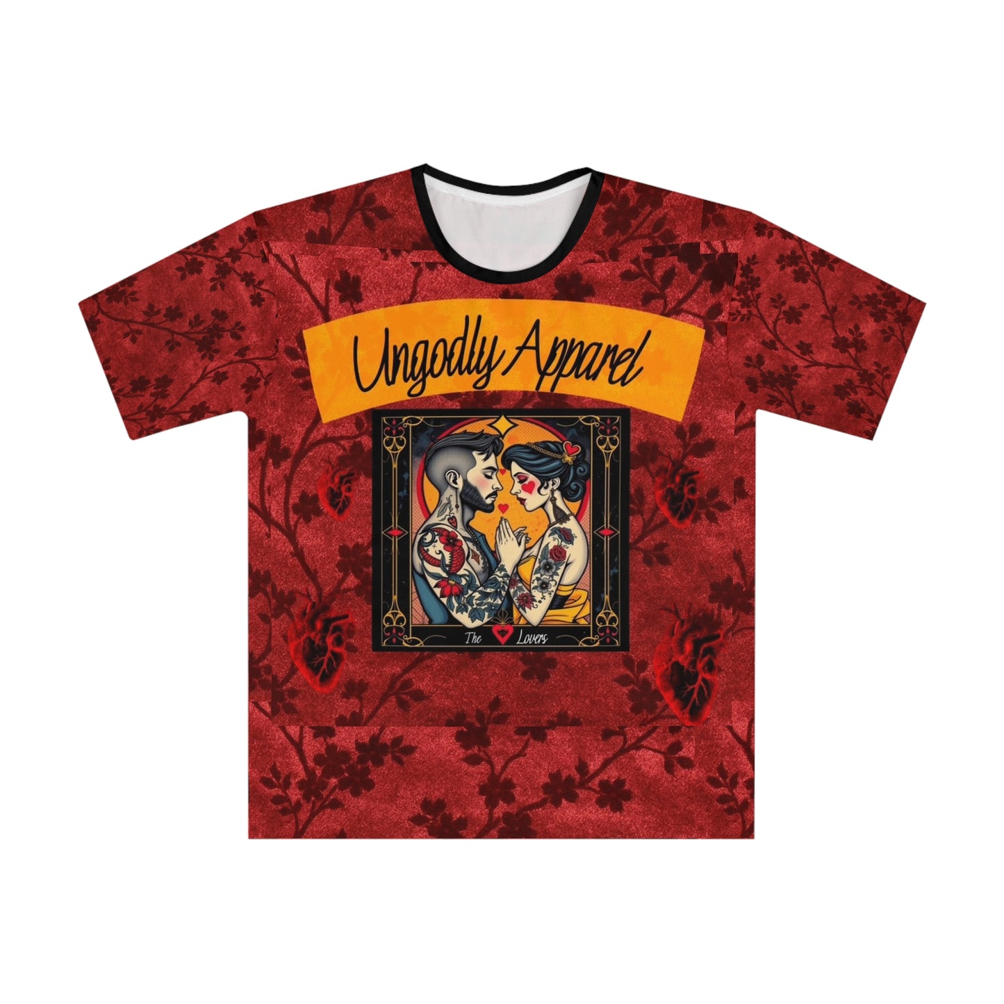 Ungodly Apparel Tarot-Style Graphic T-Shirt — The Lovers Red Floral Print