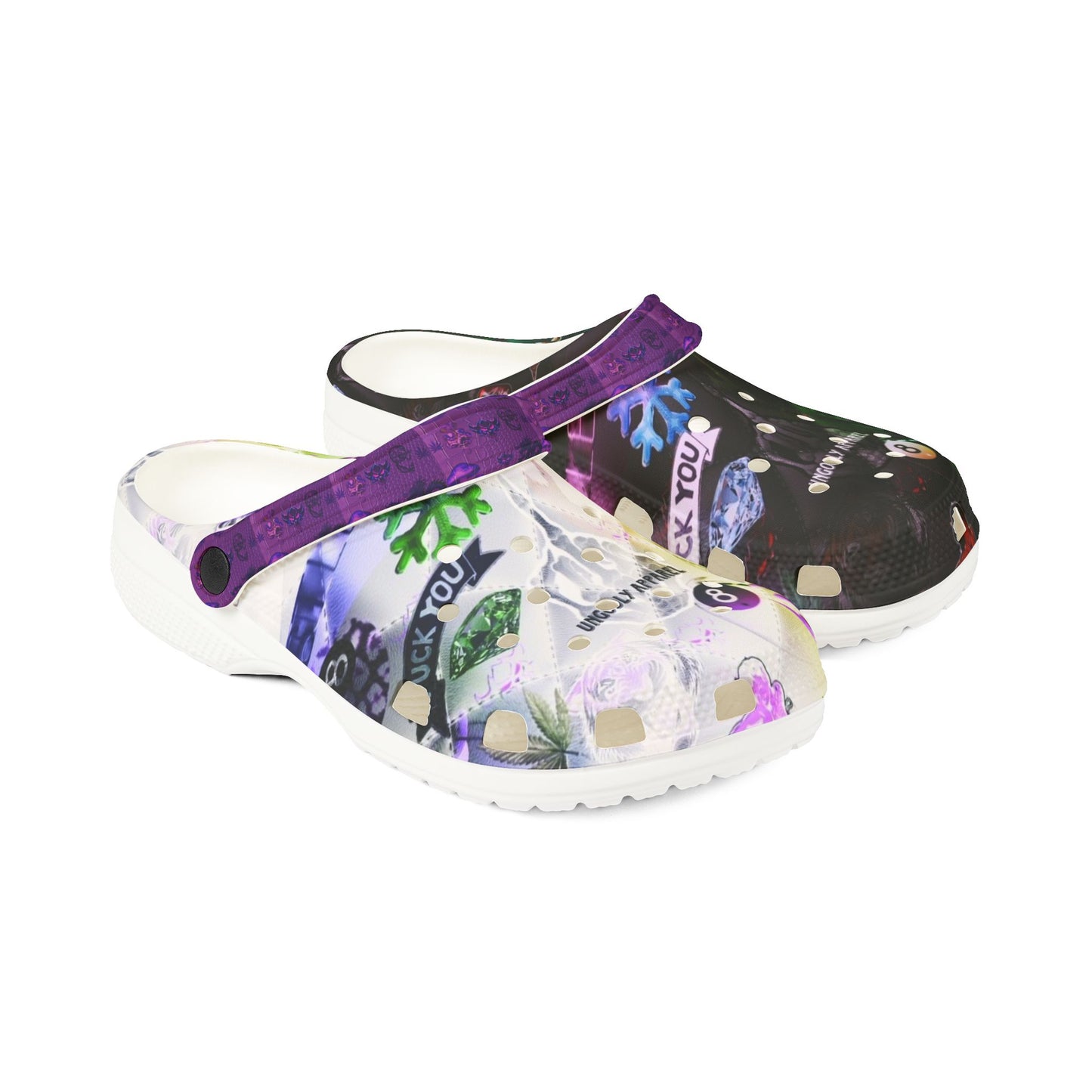 Printed EVA Foam Clogs — Colorful Purple Strap All‑Over Print Garden Vibe