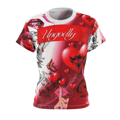 Women's Cut & Sew Tee — 'Ungodly' Red Heart Gothic All-Over Print