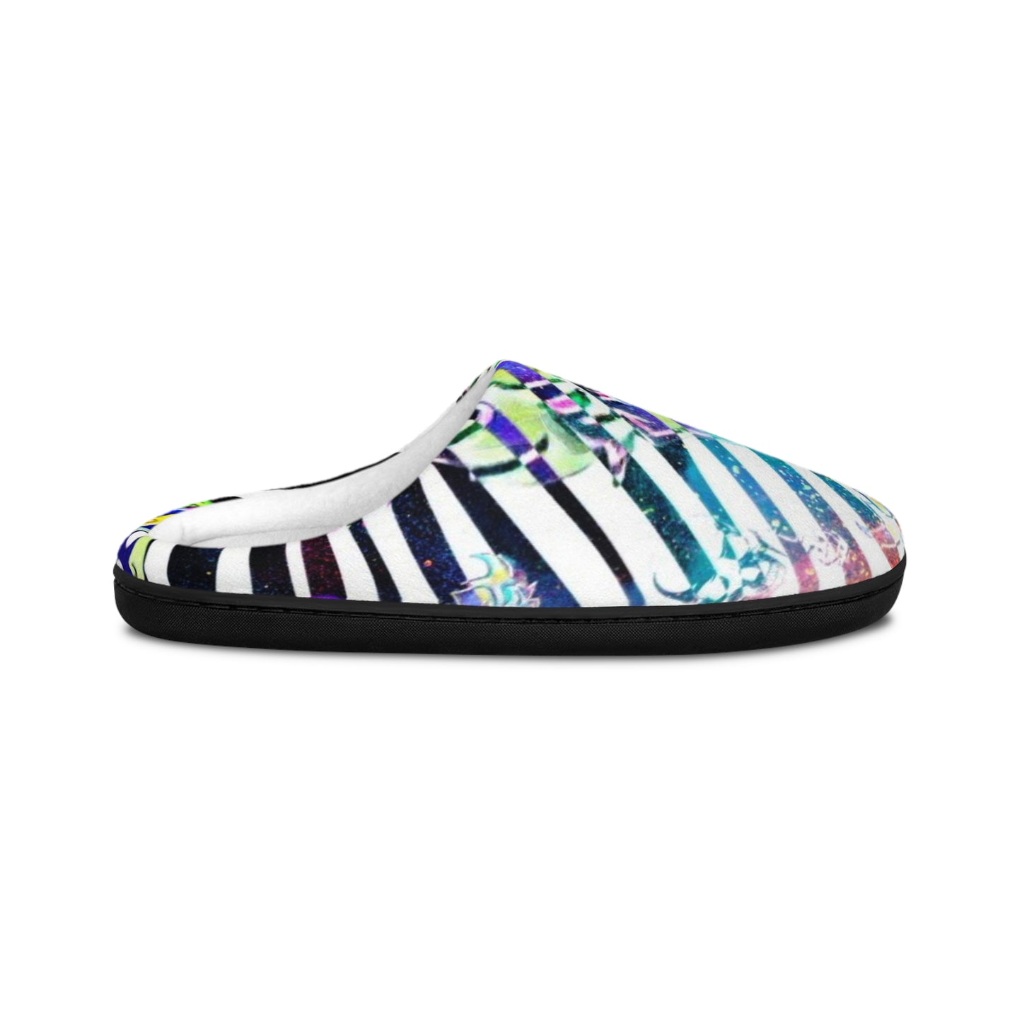 "Ungodly Zebras" Women’s Indoor Slippers — Colorful Striped Floral Cozy House Shoes