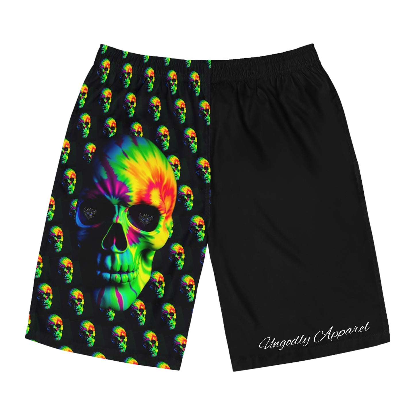 Vibrant "Ungodly" Skull Print Board Shorts, Summer Swim Trunks, Beach Wear, Festival Apparel, Men's Swim Shorts for Parties