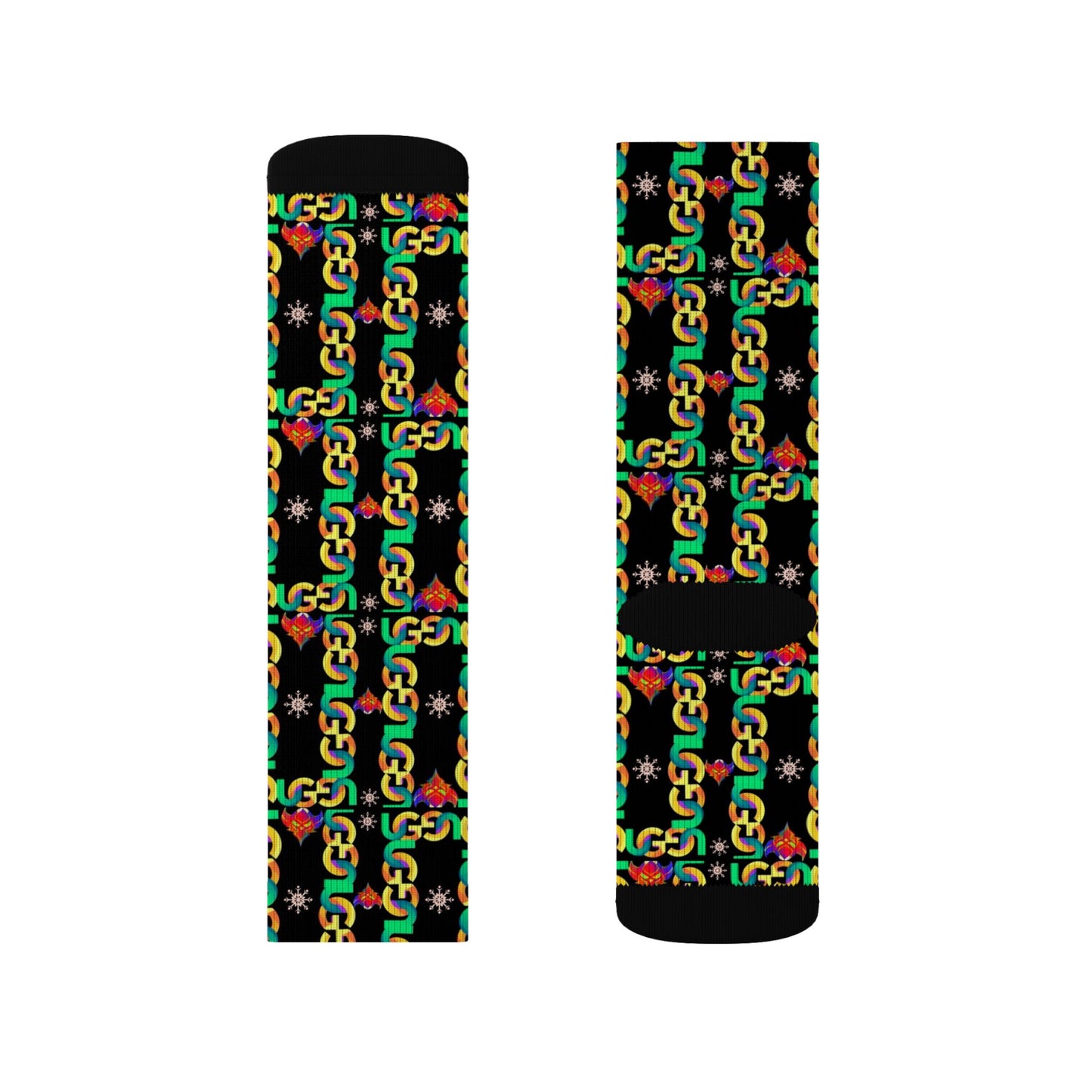 Rasta Ungodly Chain Pattern Sublimation Socks — Black Crew Socks with Red, Yellow & Green Chain Print