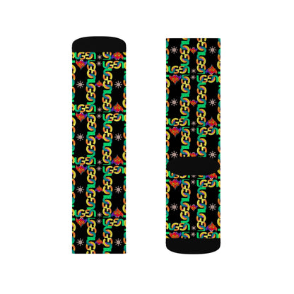 Rasta Ungodly Chain Pattern Sublimation Socks — Black Crew Socks with Red, Yellow & Green Chain Print