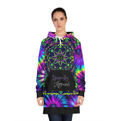 "Ungodly Trippy" Vibrant Women's Hoodie Dress with Colorful Tie-Dye Pattern, Bohemian Style, Cozy Fashion, Gift for Festivals, Casual Wear, Lounge Dress
