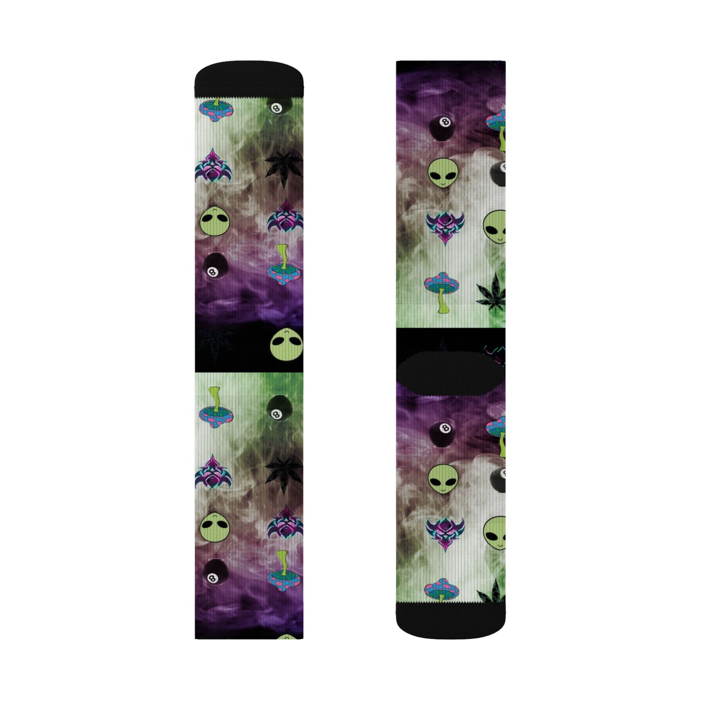 Alien Galaxy Sublimation Socks — Psychedelic UFO & Cannabis Pattern Crew Socks