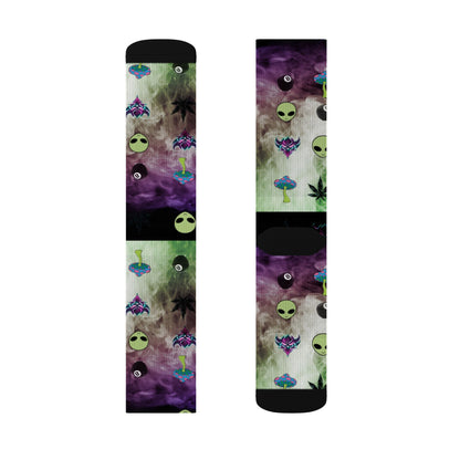 Alien Galaxy Sublimation Socks — Psychedelic UFO & Cannabis Pattern Crew Socks