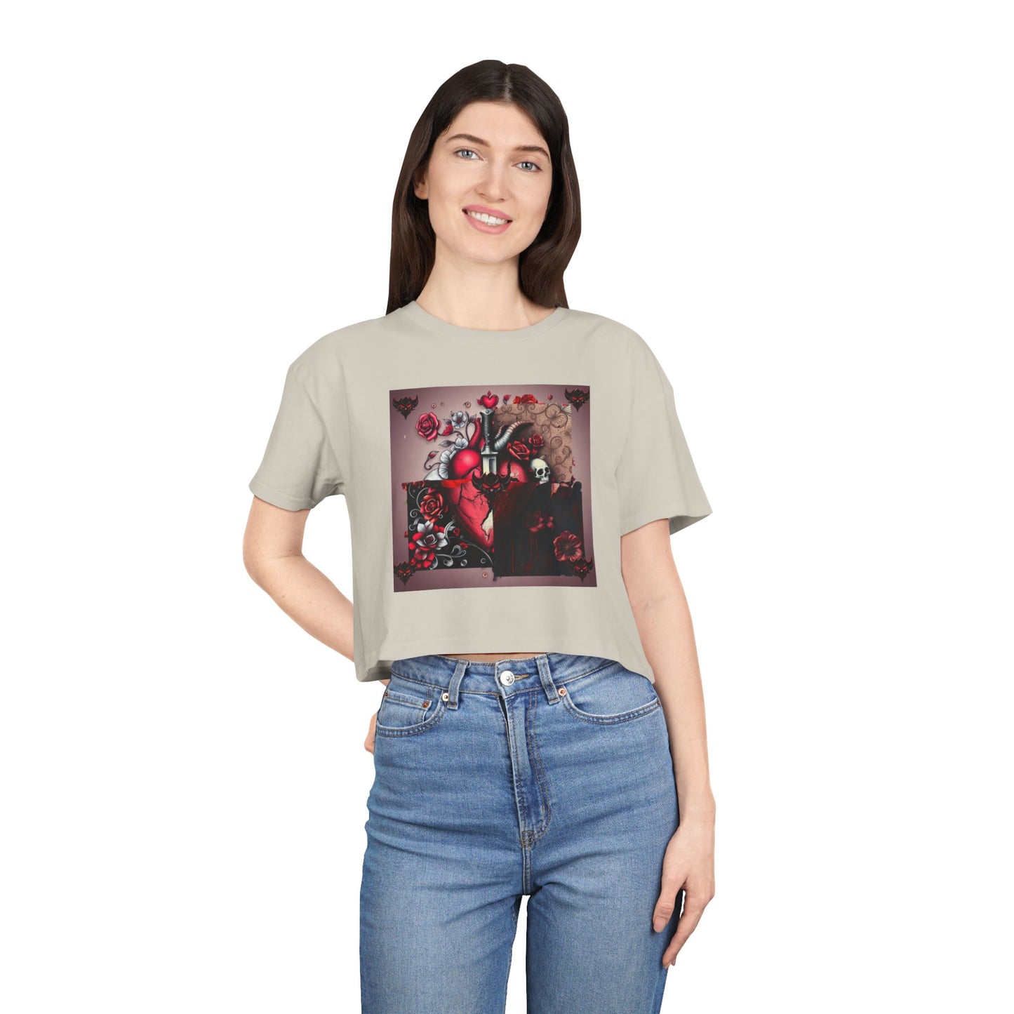 "Tangled Hearts" Bold Heart Floral Women's Crop Tee | Unique Graphic Tee for Casual Style