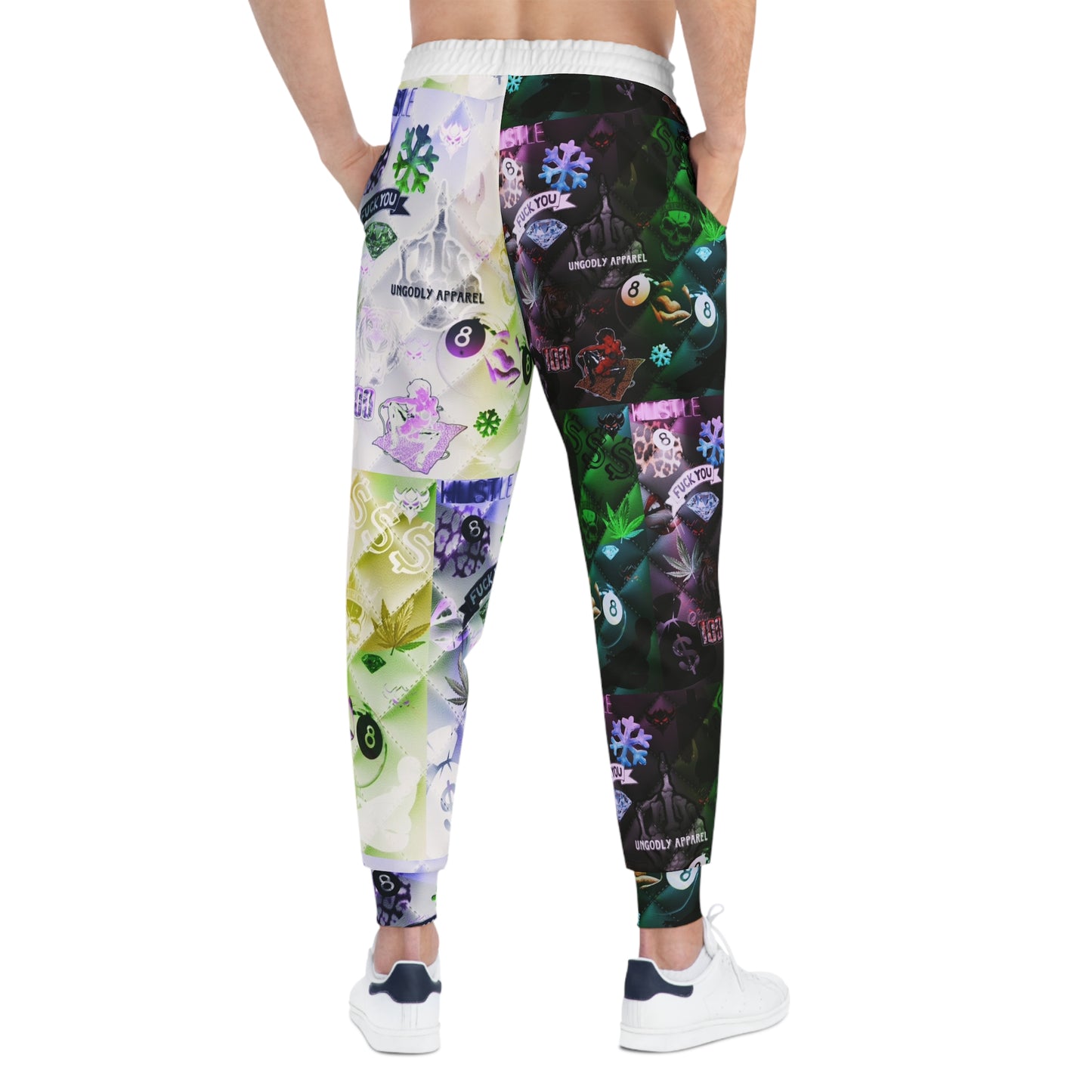 "Ungodly Vices" Graphic All-Over Print Joggers — Neon Patchwork Streetwear