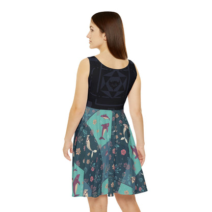 Mermaid & Sea Bird Floral Skater Dress — Teal Patchwork