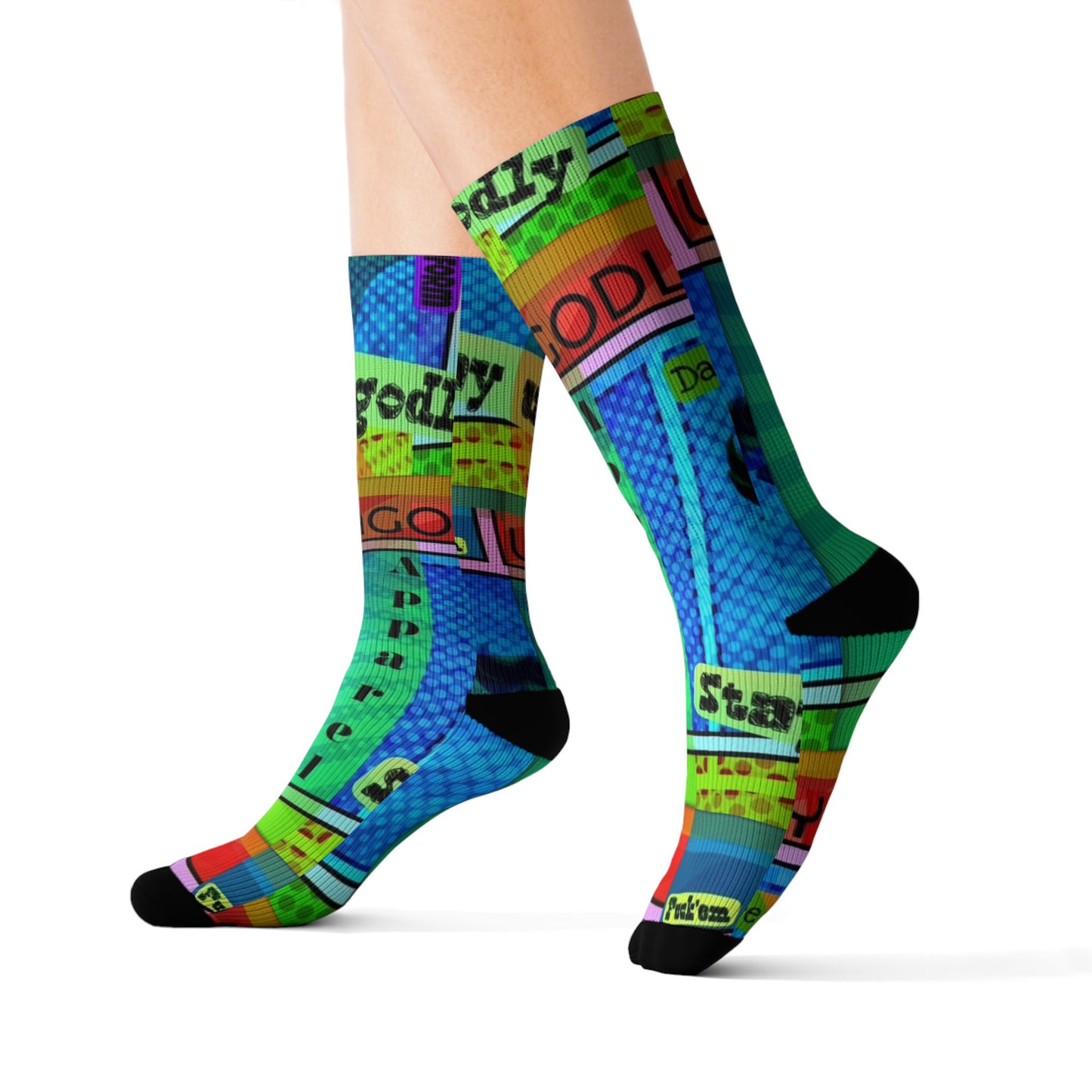 Ungodly Apparel Retro Vaporwave Sublimation Socks — Colorful 90s Cassette & Pixel Art Crew Socks