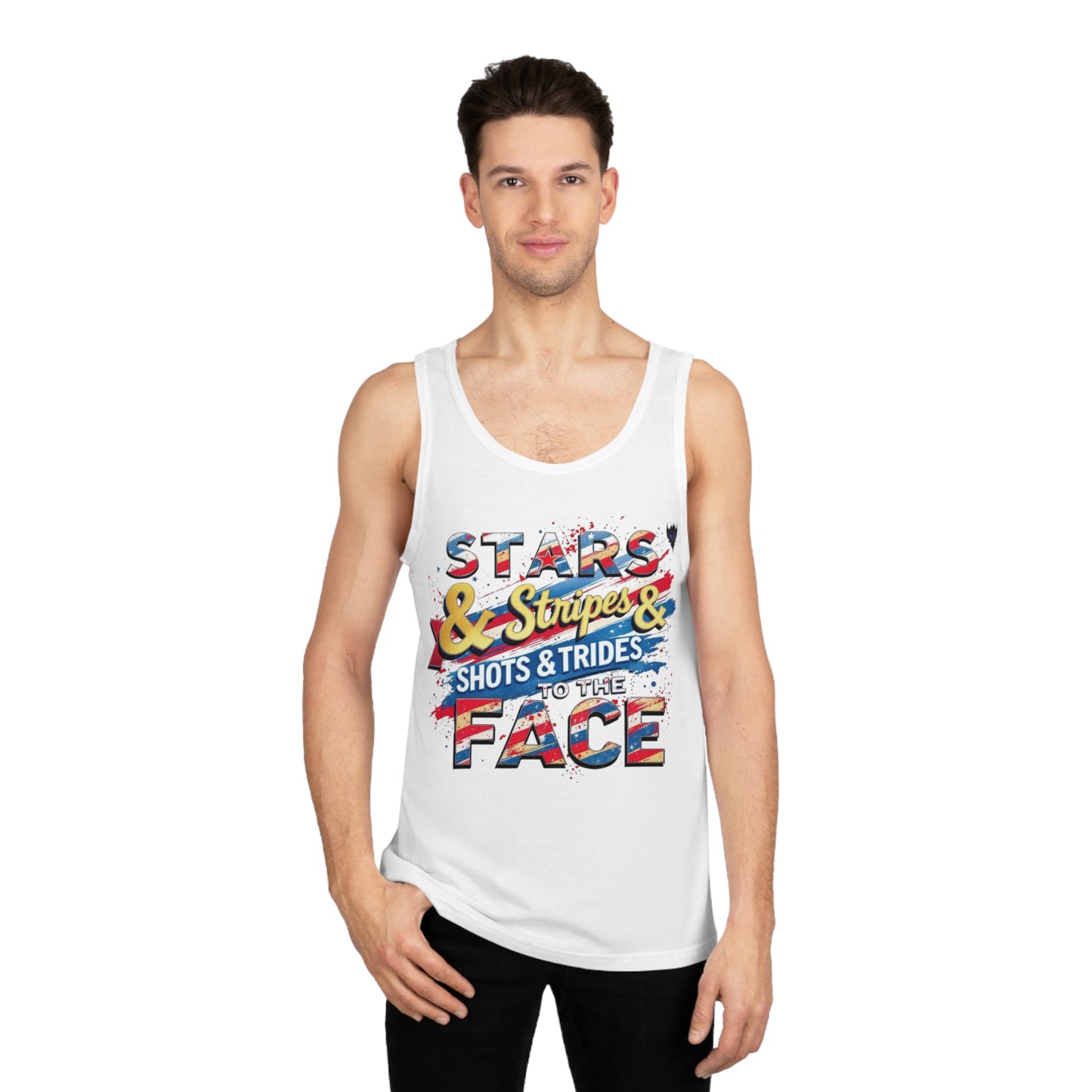 "Stars, Stripes, & Shots to the Face" Tank Top - Unisex Softstyle™ Tank, Perfect for July 4th, Summer Fun, BBQs, Casual Outings, Outdoor Events