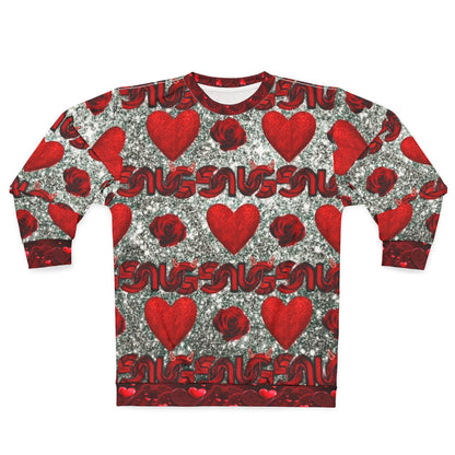 Unisex Valentine Heart Pattern Sweatshirt – All-Over Print Red Hearts & Roses Crewneck