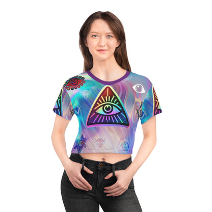 Illuminati Crop Tee — Mystical Holographic Graphic Top