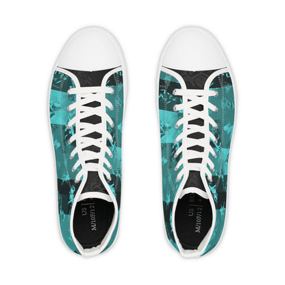 Teal Pin Up Abstract Brushstroke High-Top Sneakers — Men's Artistic Canvas Shoes