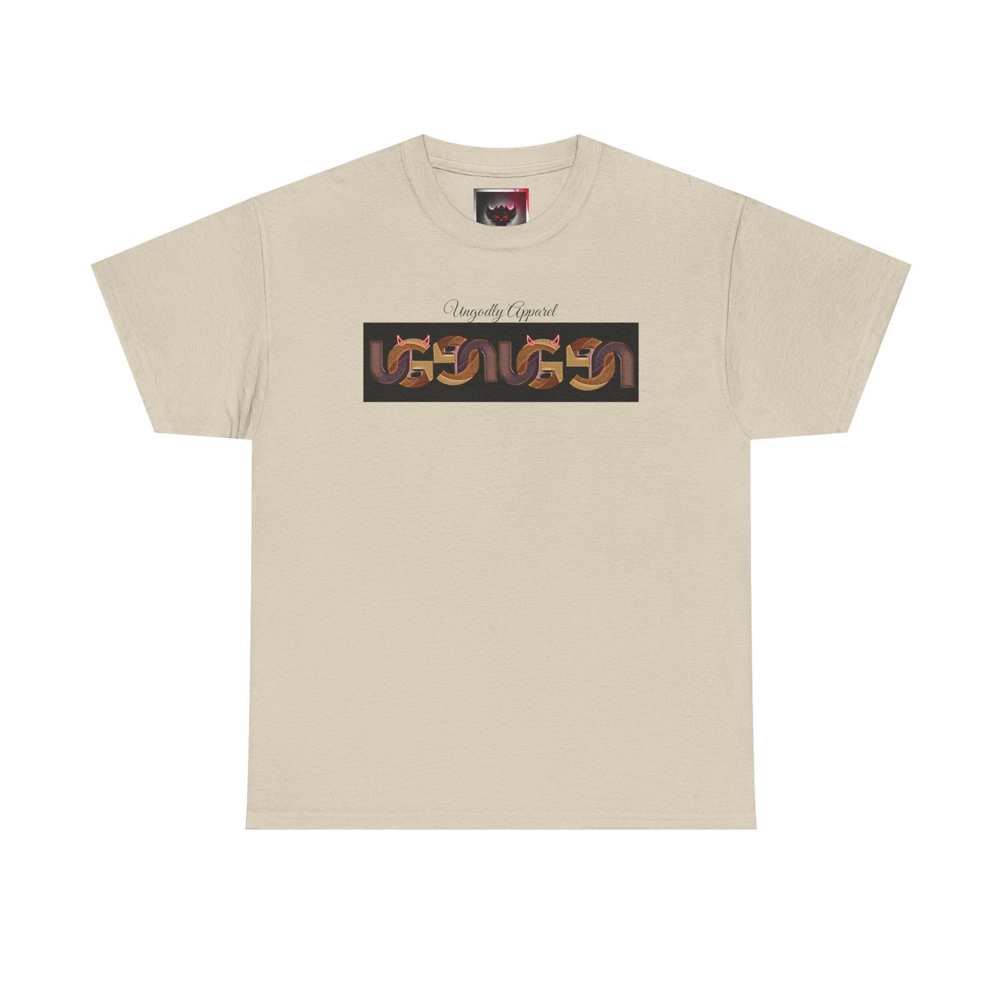 Retro Ungodly Apparel Flame Script Tee — Brown UG Link Pattern Graphic T-Shirt