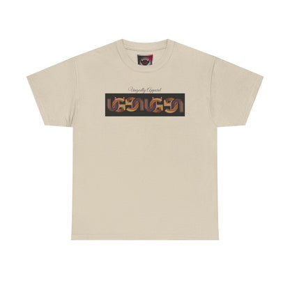 Retro Ungodly Apparel Flame Script Tee — Brown UG Link Pattern Graphic T-Shirt