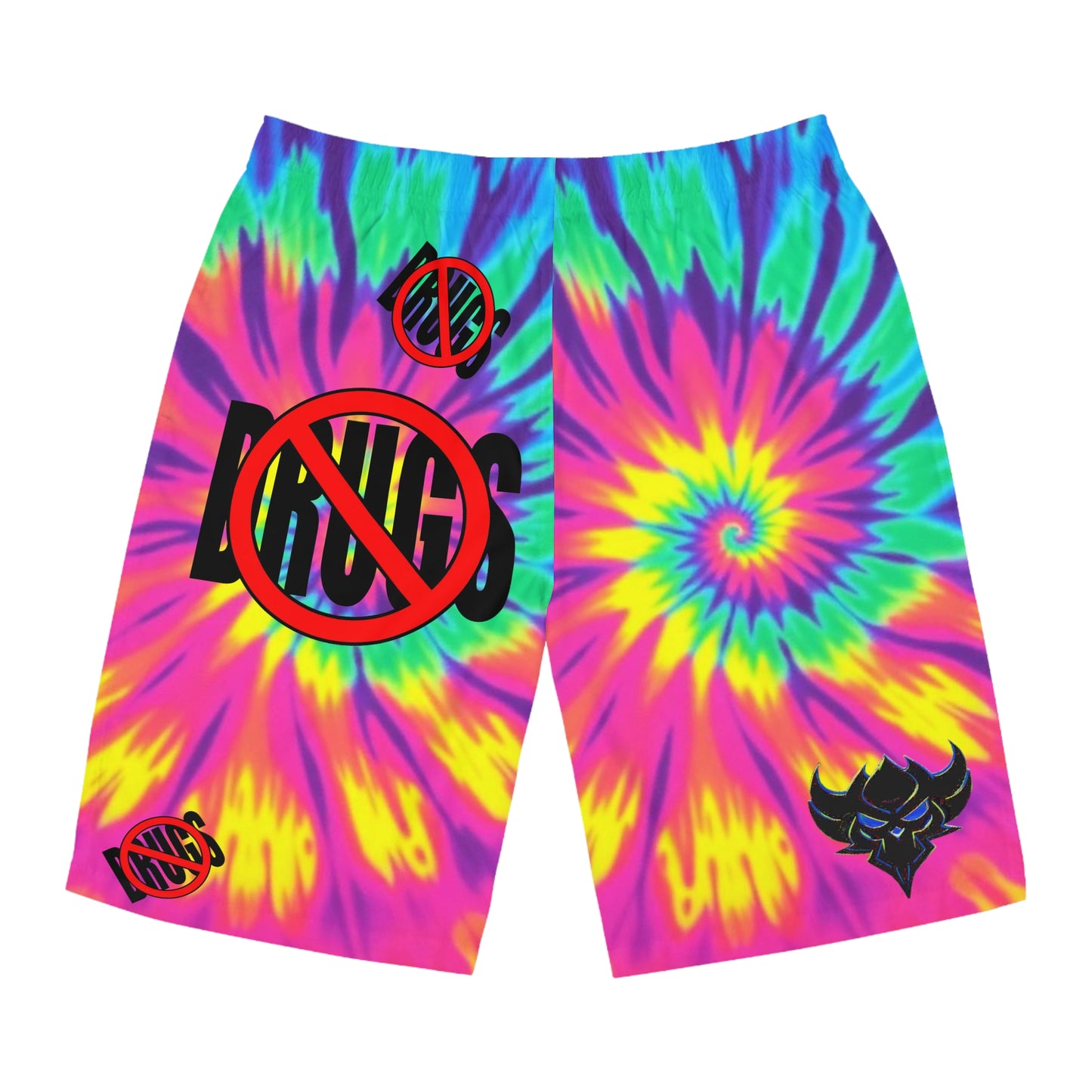 Vibrant Tie-Dye Board Shorts with 'No Drugs' Design, Summer Swimwear, Beachwear, Festival Shorts, Men's Casual Shorts, Colorful Swim Trunks