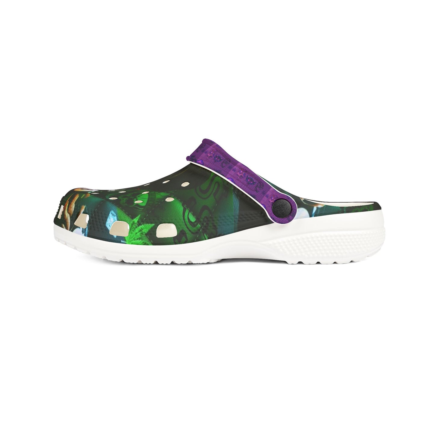 Printed EVA Foam Clogs — Colorful Purple Strap All‑Over Print Garden Vibe