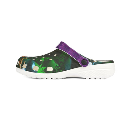 Printed EVA Foam Clogs — Colorful Purple Strap All‑Over Print Garden Vibe