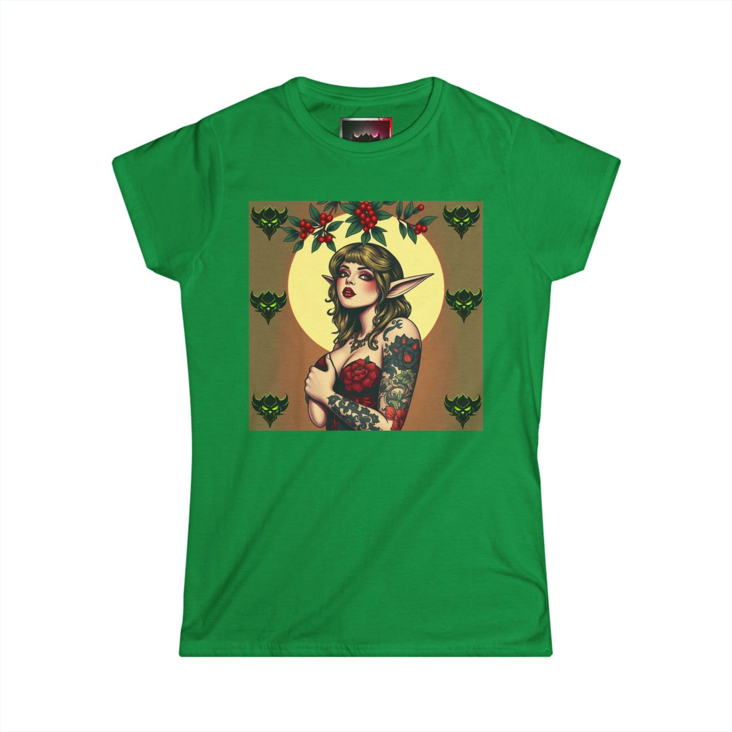 Vintage Green Mistletoe Elf- Women's Softstyle Tee- Boho Chic Graphic T-Shirt