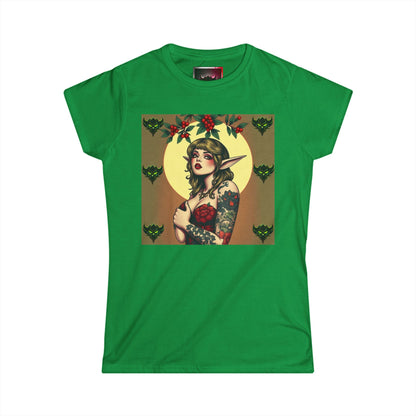 Vintage Green Mistletoe Elf- Women's Softstyle Tee- Boho Chic Graphic T-Shirt
