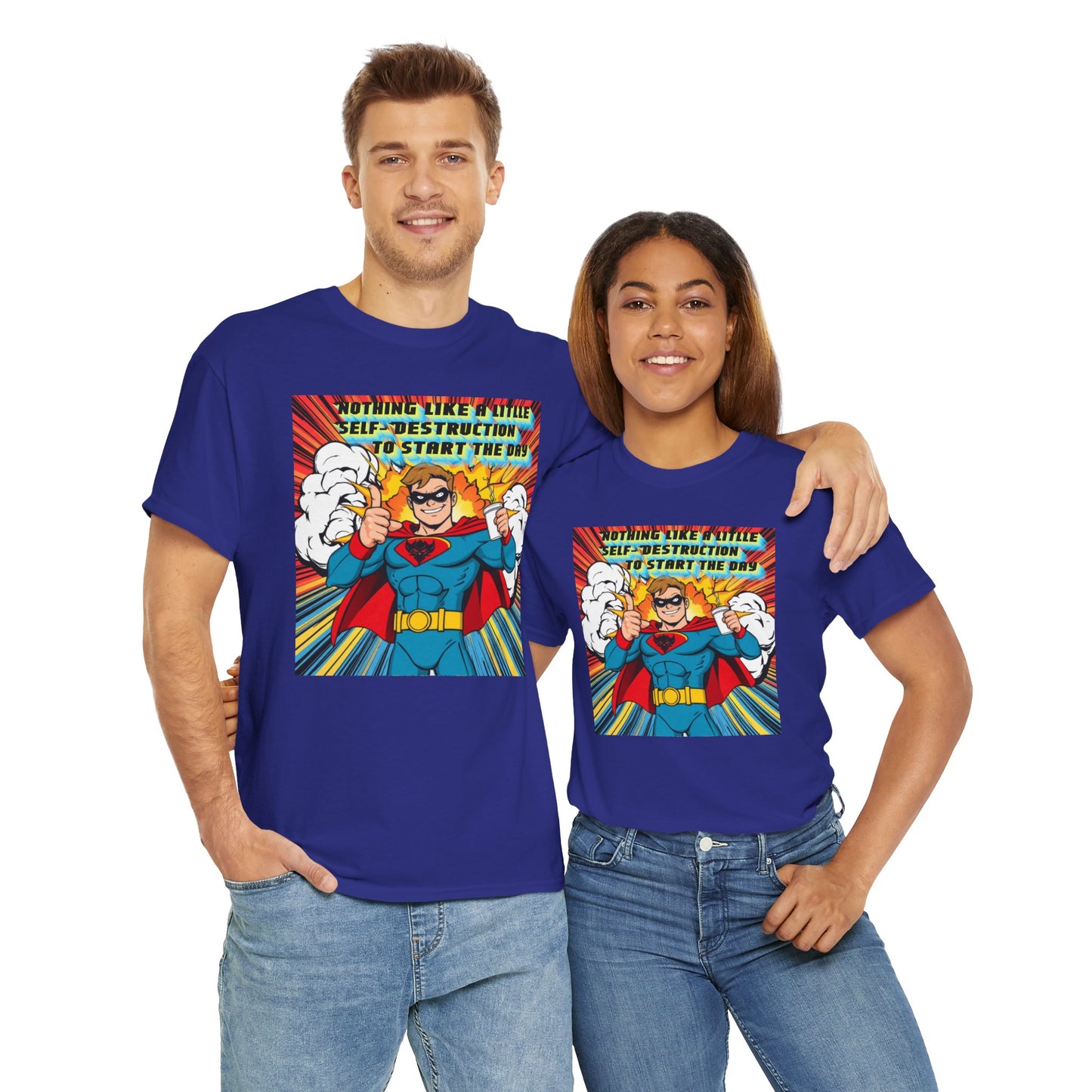 Comic Hero "Nothing Like a Little Self-Destruction to Start the Day" Unisex Heavy Cotton Tee