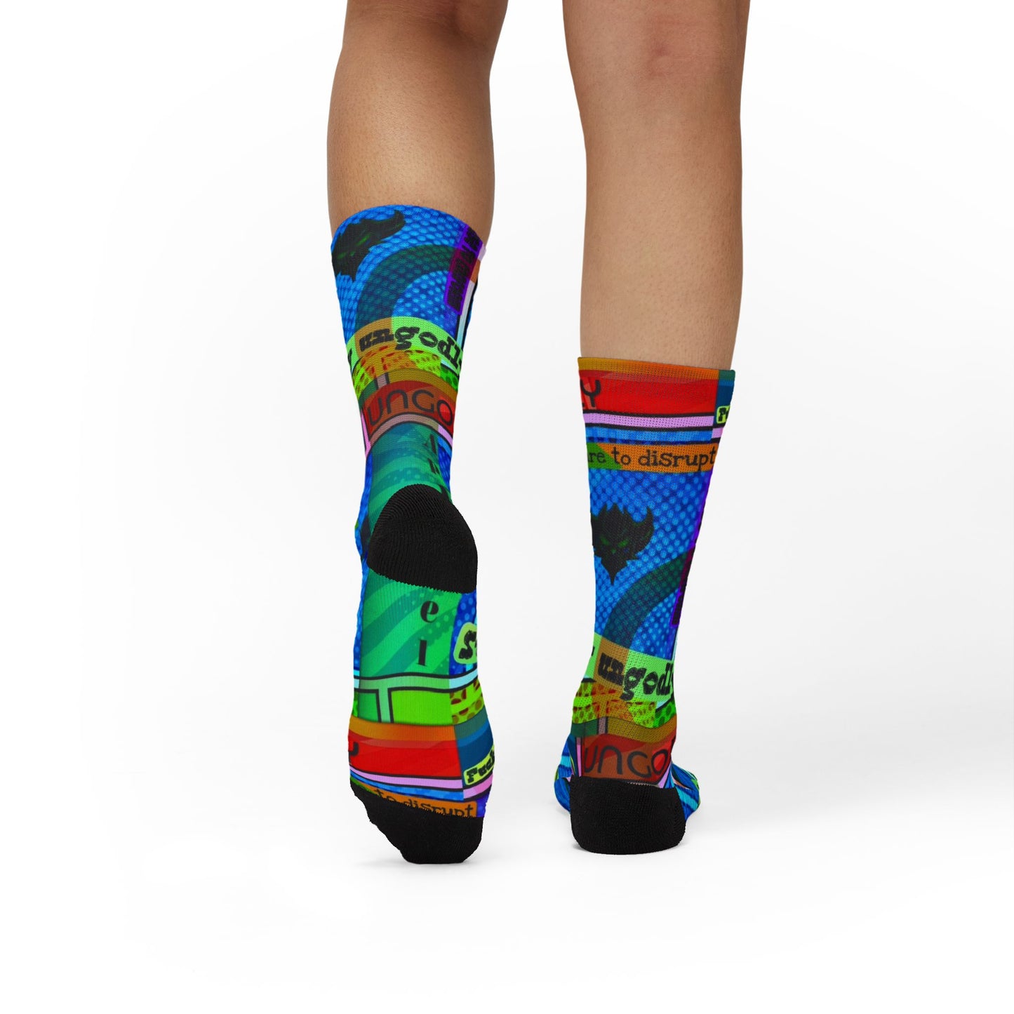 Ungodly Apparel Retro Vaporwave Sublimation Socks — Colorful 90s Cassette & Pixel Art Crew Socks