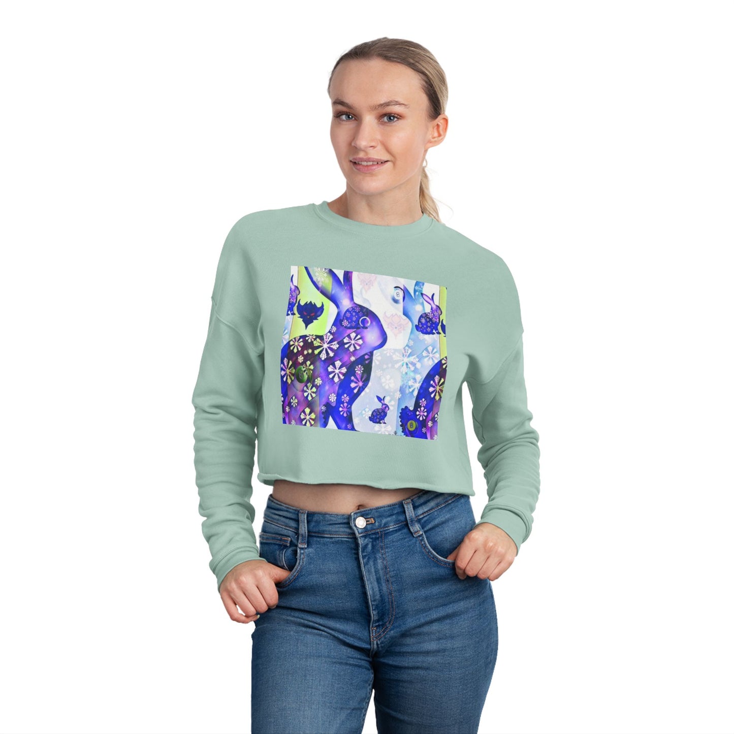 Floral Blue Snow Bunnies Cropped Sweatshirt