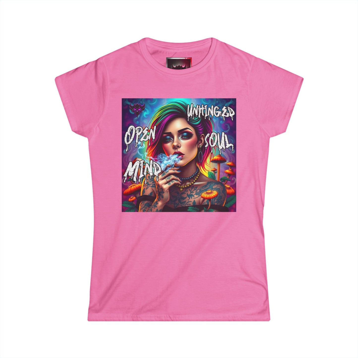 "Open Mind Unhinged Soul" Women's Softstyle Tee - Colorful Tattoo Art T-Shirt