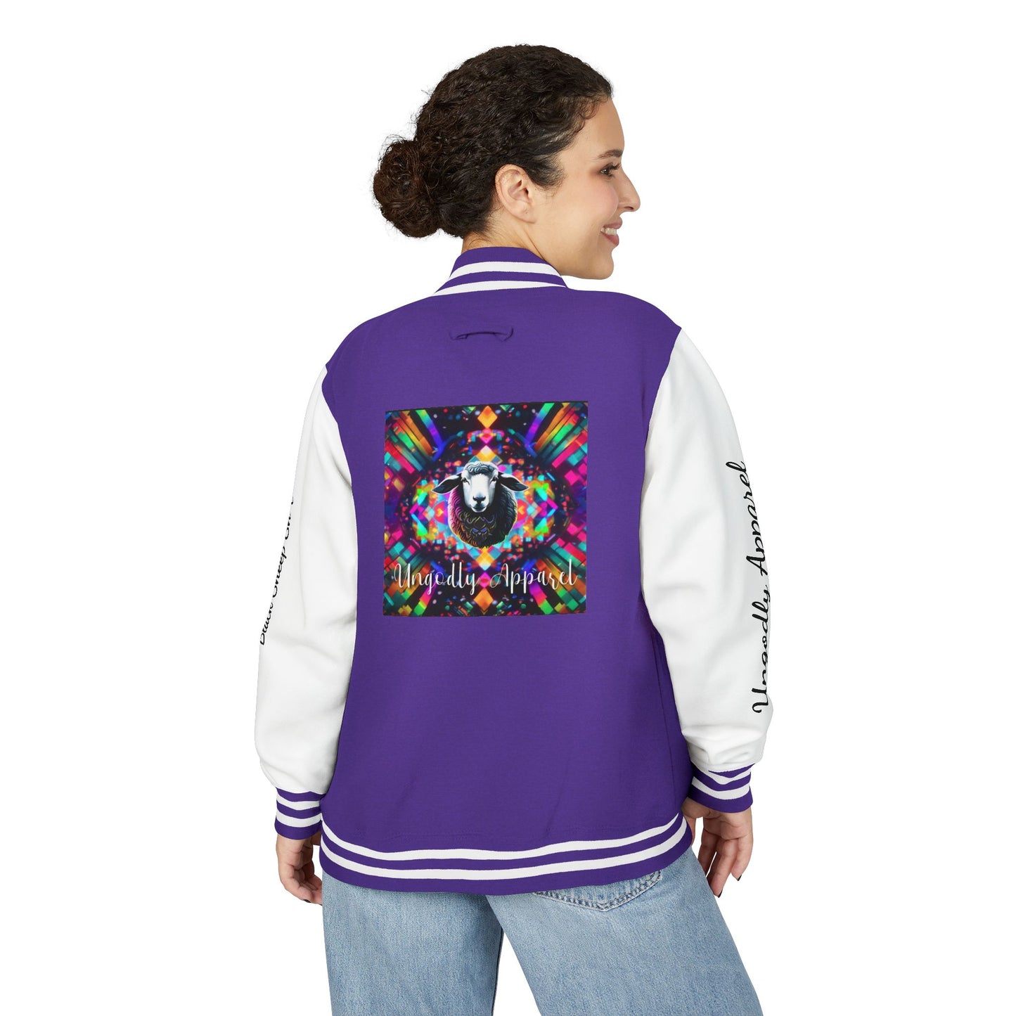 Letterman Jacket — Pink Kaleidoscope "Black Sheep of the Family"  Design with 'Ungodly Apparel' Sleeve Text
