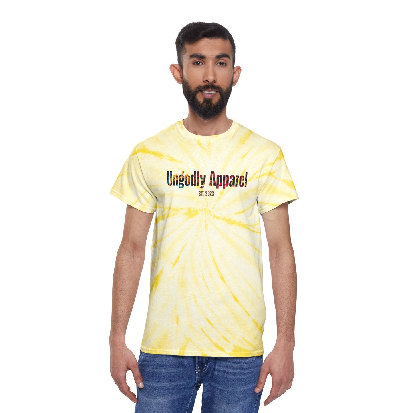 Tie-Dye Tee — Yellow Cyclone Spiral Tee with "Ungodly Apparel" Text