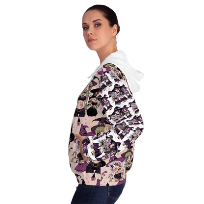 "Ungodly Apparel Witchy Wear" Gothic Witchy Full-Zip Hoodie for Women, Halloween Fashion, Witch Costume, Gift for Her, Trendy Hooded Sweatshirt