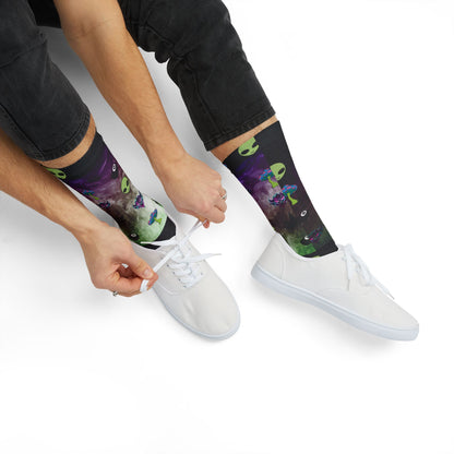Alien Galaxy Sublimation Socks — Psychedelic UFO & Cannabis Pattern Crew Socks