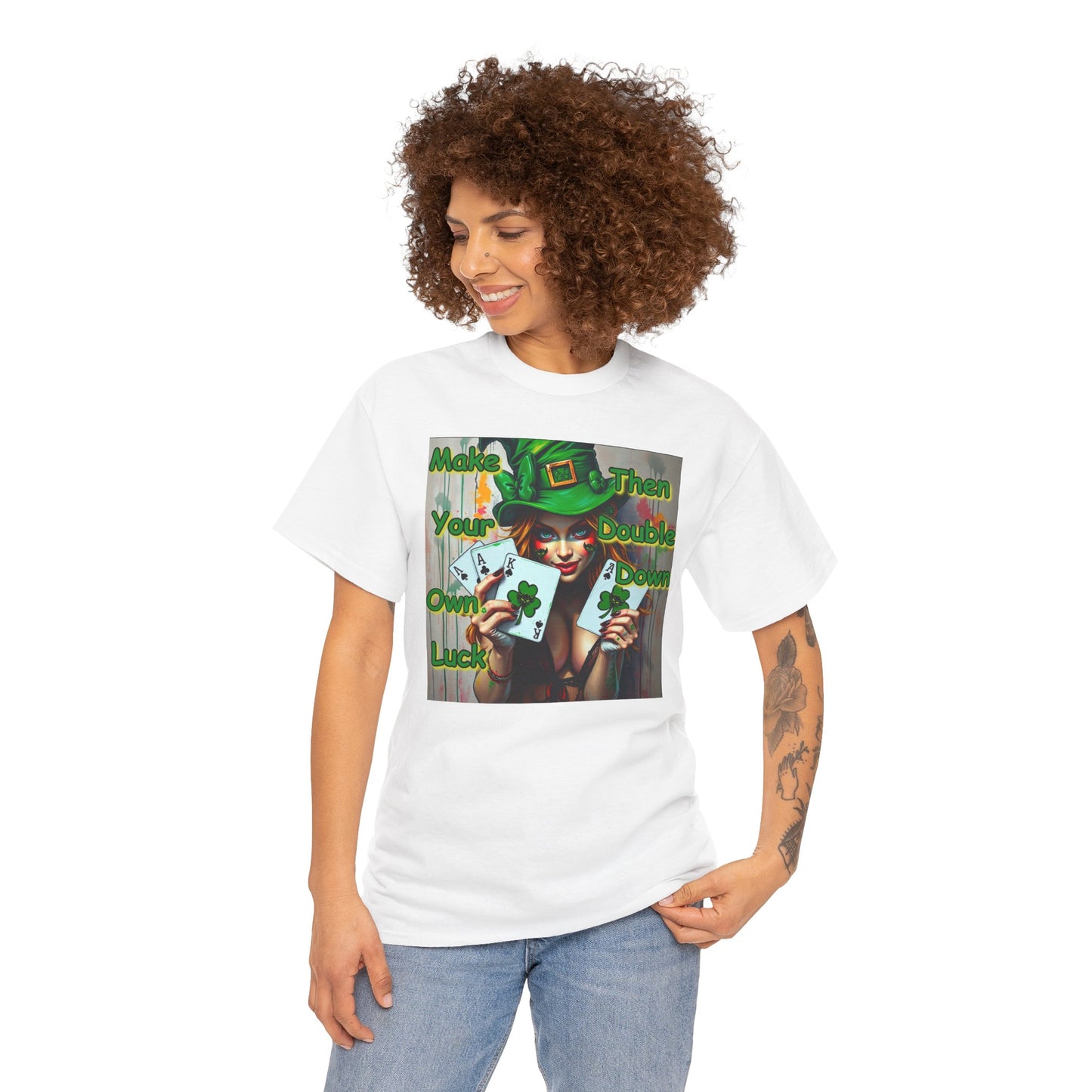 St. Patrick's Day Unisex Heavy Cotton Tee - "Make Your Own Luck Then Double Down" Fun Graphic Tee