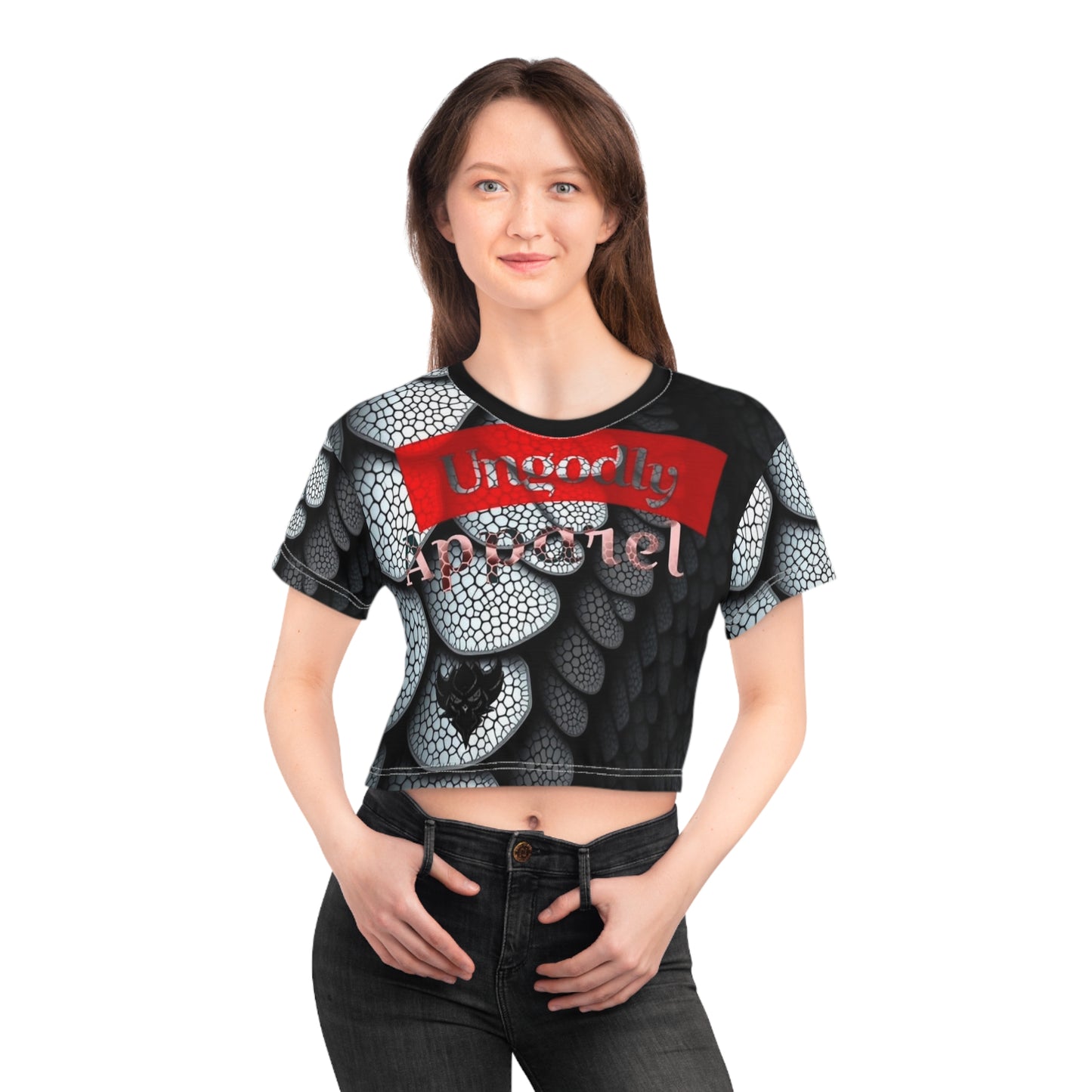 Black Dragon Scale Crop Tee — 'Ungodly Apparel' Graphic