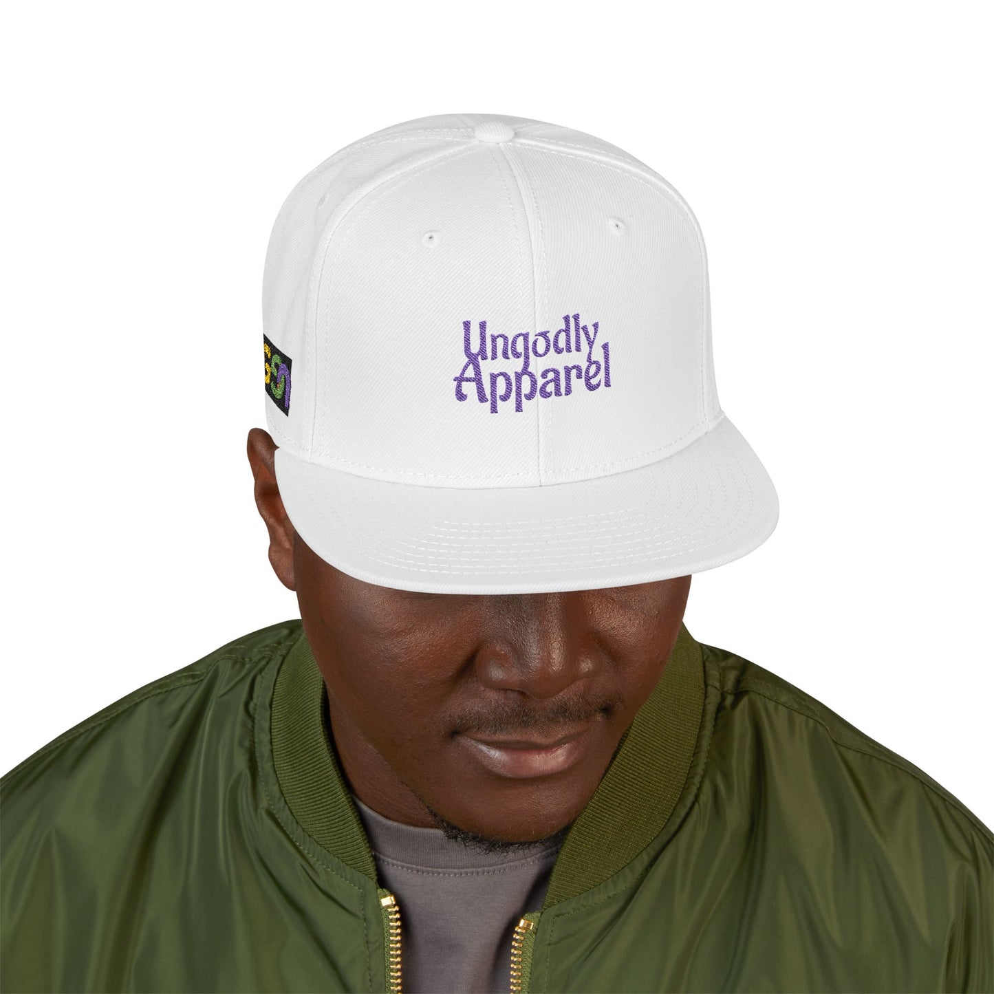 Embroidered Snapback Hat — 'Ungodly Apparel' Purple Script